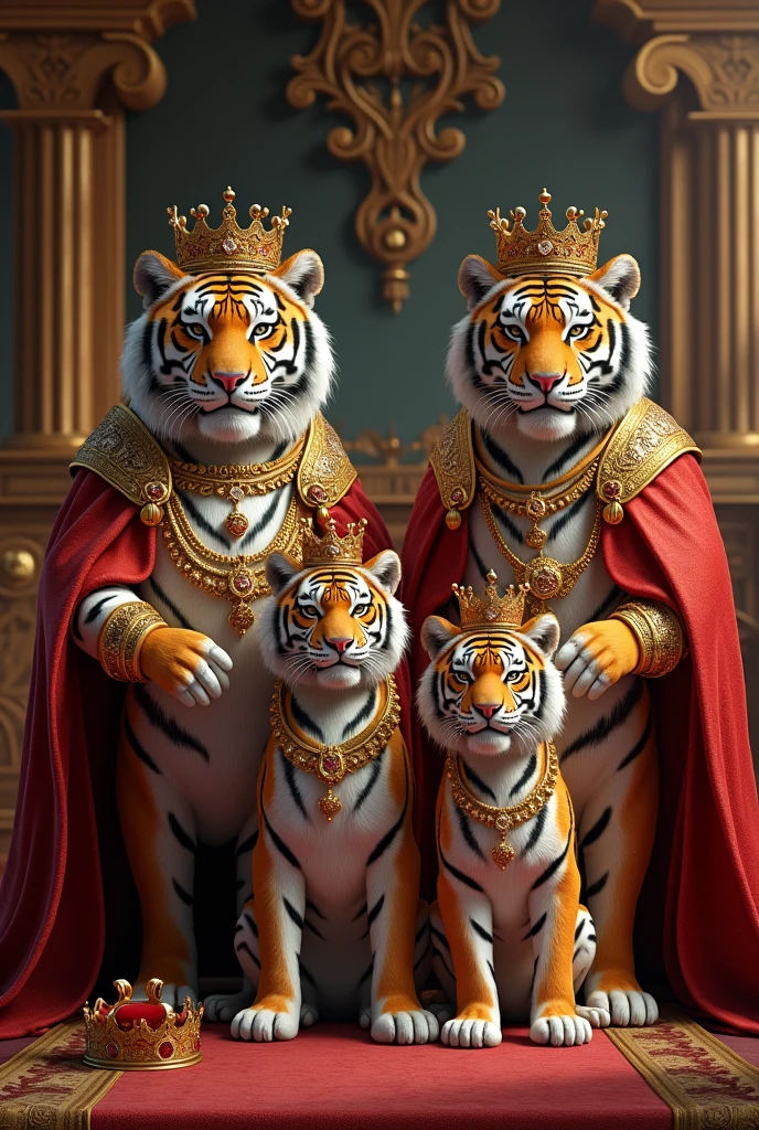 Royal 4 member family of tigers (mom dad 2 sons) with royal costume in palace with crown