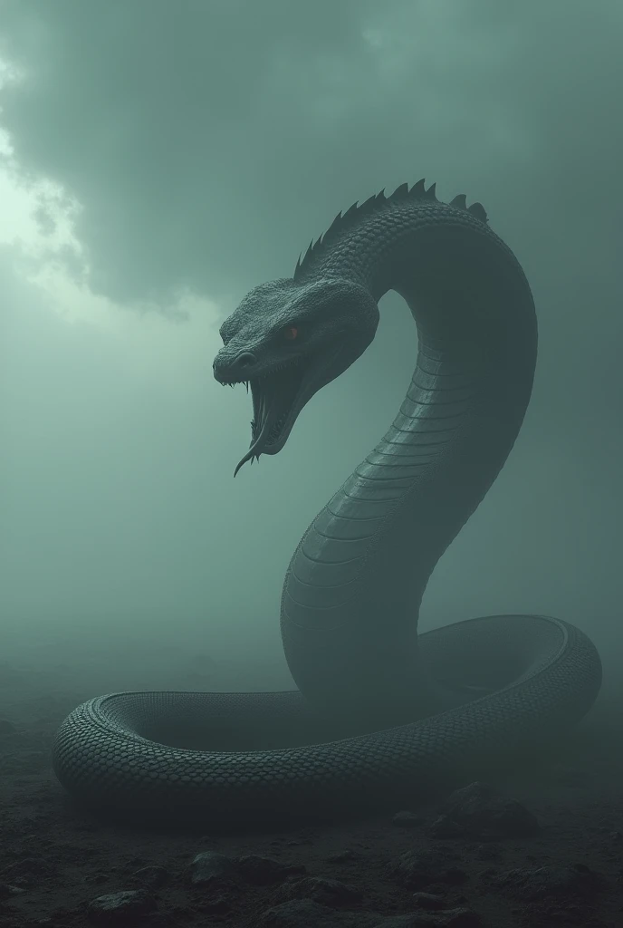 Gigantic king cobra walking across a plain in the distance amid fog, haze, haze, dark clouds, grimdark ,supense, monstr, unearthly, octan render, engine unreal, photorrealistic, hyper realism, highy detailed, high qualiy, intrincately detailed,Volumetric lighting, full character, 4K, ,hard disk ,Full HD, 8k, RTX, high resolution, detailed shadows, incredibily detailed, perfect, Dramatic scale