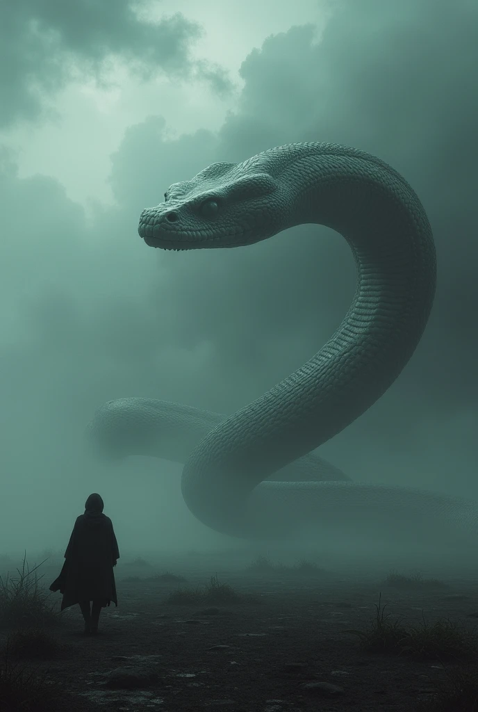 Gigantic king cobra walking across a plain in the distance amid fog, haze, haze, dark clouds, grimdark ,supense, monstr, unearthly, octan render, engine unreal, photorrealistic, hyper realism, highy detailed, high qualiy, intrincately detailed,Volumetric lighting, full character, 4K, ,hard disk ,Full HD, 8k, RTX, high resolution, detailed shadows, incredibily detailed, perfect, Dramatic scale