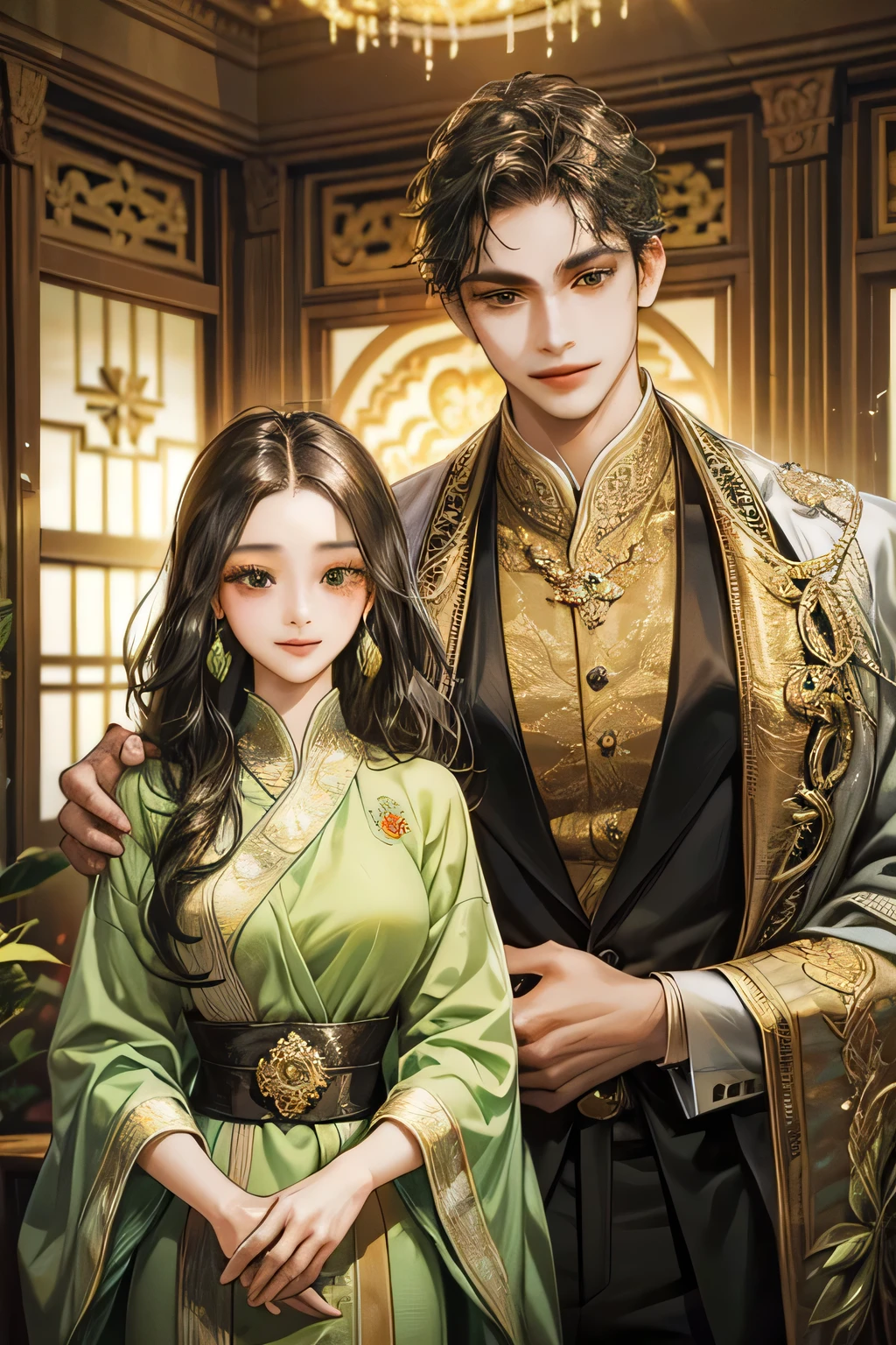 couple, age gap, javanese style, brown attire, smile and charming, quiet but gentle, green attire suit, black eyes, royal palace, black wavy hair, kebaya, indonesia temple, javanese style,masterpiece, detailed eyes, detailed body, accurate
