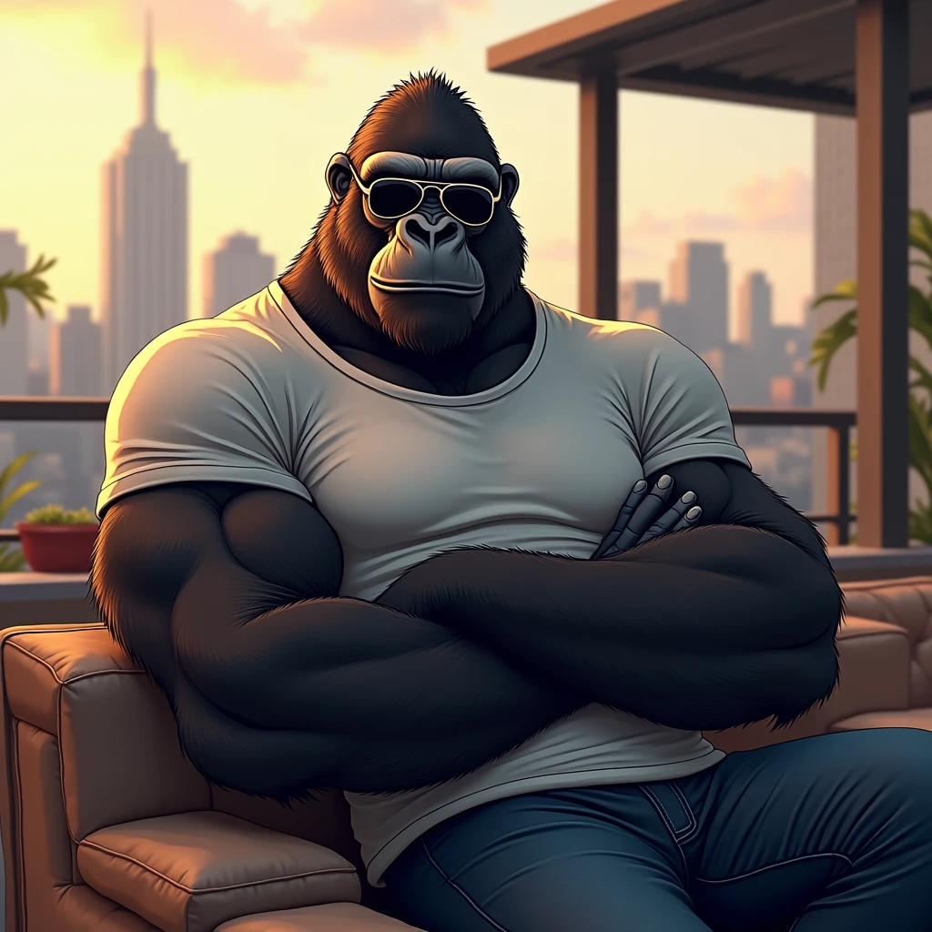 リラックスして腕を組んでいるイケイケゴリラ: "Illustrate a realistic image of a gorilla wearing sleek aviator sunglasses, casually leaning back with its arms crossed, exuding an air of cool confidence. The gorilla is dressed in a casual yet stylish outfit, including a fitted t-shirt and jeans. The background is a cozy rooftop lounge with soft lighting and a city skyline in the distance, enhancing the relaxed yet sophisticated mood."