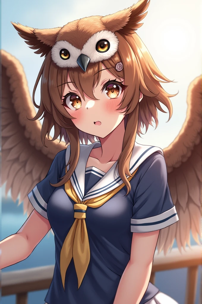 Anime woman with hybrid owl features, feathers, wings, fluffy hair, eyes large, regatta, highly detailed, animated character without glasses