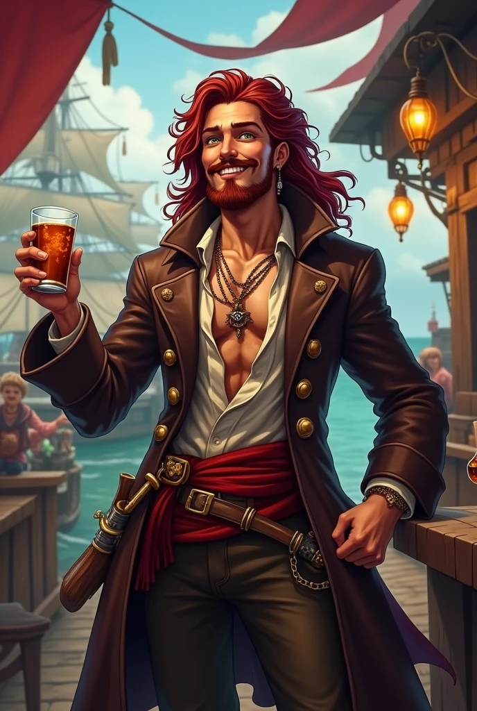 Generate the image of a pirate for a DnD campaign total body. A male pirate around 20 years old with an excited face. He has long dark red curly hair, with dark red mustache and goatee. His eyes are dark green and he has a scar on his left eye. He’s wearing a leather trench coat, under the coat a soft shirt open, he’s wearing a belt with a red band, on the side he had two sabers and two XVI century guns. He’s wearing many bracelets and necklaces, he has many tattoo. He’s at the pub drinking rum, in the background the harbor of Tortuga