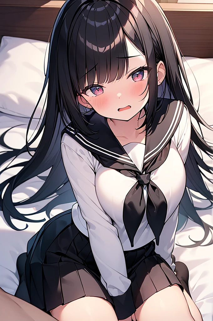 Beautiful illustration、top-quality、e litBedroom、black color hair、long whitr hair、(((Black pleated skirt)))、(((White sailor suit)))、short- sleeved、purple-eyed、on top of the bed、Lovely thighs、glowing thigh，8K Ultra HD Best Quality Ultra Detail