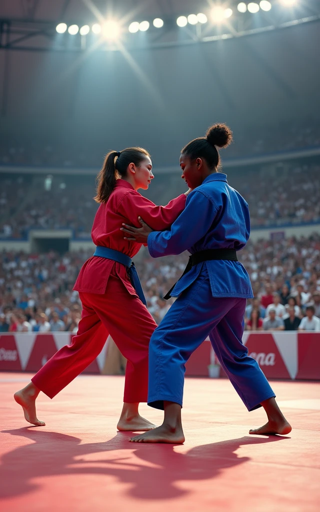 Ultra-high resolution，Women&#39;s judo at the Olympics，Two people competing on the same stage，A red judo uniform，A blue judo uniform，（ The one wearing the red judo uniform is an 1 Korean beauty，Super beautiful，Super fair skin）（The girl wearing the blue judo uniform is an African black girl） full-body shot，Panoramic vistas，Wide-angle lens，Olympic Judo，Olympic competition background，The Red Team and the Blue Team compete on the same stage，Intense stimulation，be booked up，The venue was full of audience，enthusiasm，