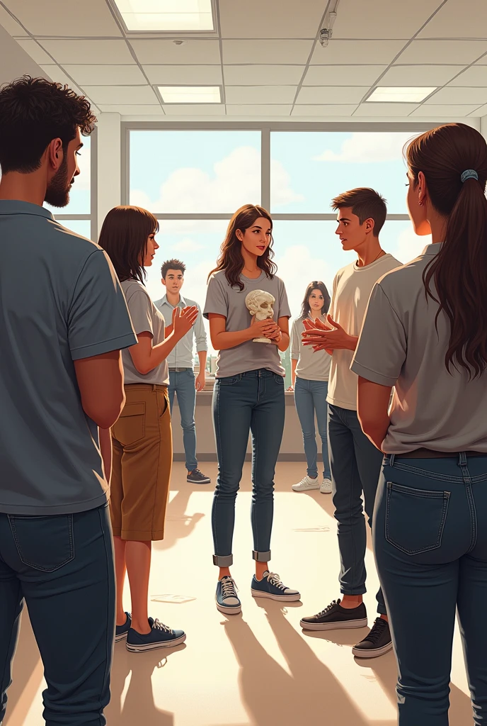 Make a perspective illustration in class, namely during art class., There are 2 students presenting their sculpture work, then while they were presenting there were 2 students arguing, the teacher in front reprimanded those who were arguing, other students were confused by the students who were arguing.