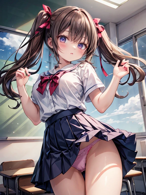 ((8K masterpiece,Highest quality)), Ultra-high resolution, Hyper Detail, (1 person), Beautiful Face, Beautiful and delicate eyes,((Red eyes)),Big eyes,Glowing Eyes,Thin and long eyelashes,Detailed light,((Brown Hair)),((Long Hair)), ((Twin tails)),,school uniform,Hair Clip,Hair Ribbon,Blitz Short Skirt,White knee-high socks,Light pink panties, Pae, Panty (Grinning s,Embarrassed face,(Please open your mouth wide),(classroom),Stand in the center of the screen,Blue sky with clouds, Nice views, Rainbow in the sky, Particles of light, Daytime, Sunbeam,Gust of wind,Speed, Cowboy Shot
