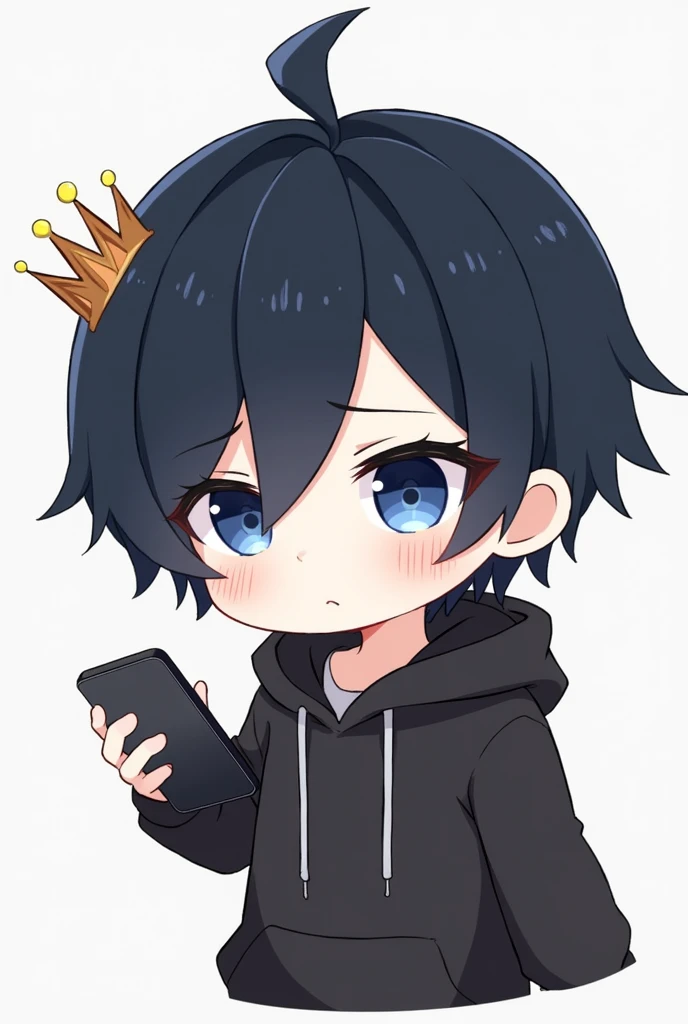 male,Black Hair, Asymmetrical bangs, Parting the bangs,Blue Eyes,Drooping eyes,,Black hoodie,smartphone,computer,Simple background,cool,Illness,Confused eyes,Distributor,crown,King,Chibi Character