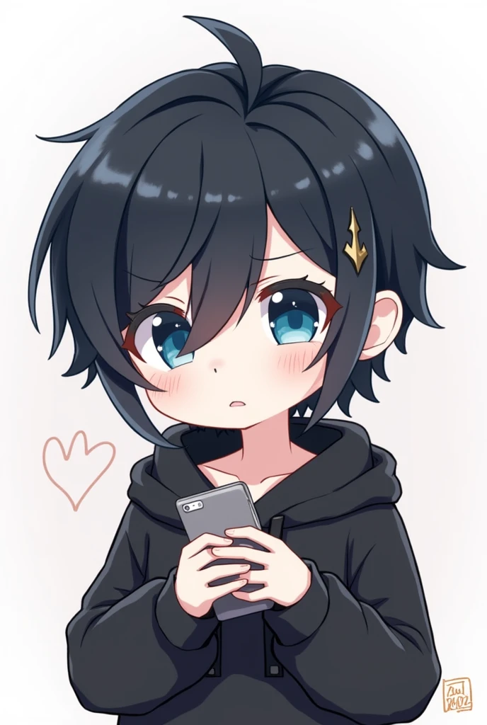 male,Black Hair, Asymmetrical bangs, Parting the bangs,Blue Eyes,Drooping eyes,,Black hoodie,smartphone,computer,Simple background,cool,Illness,Confused eyes,Distributor,crown,King,Chibi Character
