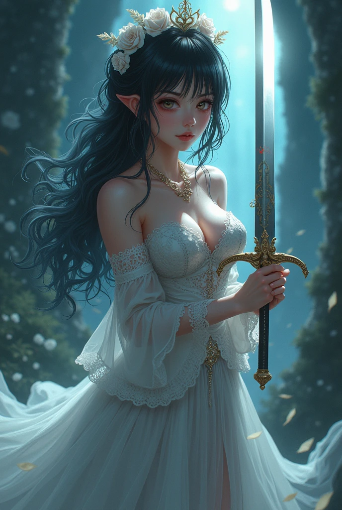 a beautiful anime style SUCUMBUS girl in bridal outfit, full body with only his image being reflected on the sword blade in the midst of a foggy environment