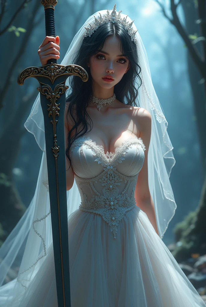 a beautiful anime style SUCUMBUS girl in bridal outfit, full body with only his image being reflected on the sword blade in the midst of a foggy environment