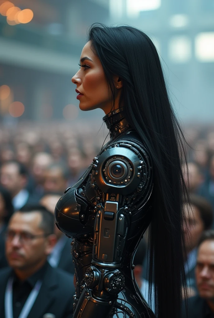 Beautiful girl speaker leads the conference, she has very black long hair, large cybernetic breasts and protruding nipples, one arm and eye are cybernetic, she is depicted in full height, she is in the right side of the image, there are many people in the background, photorealism