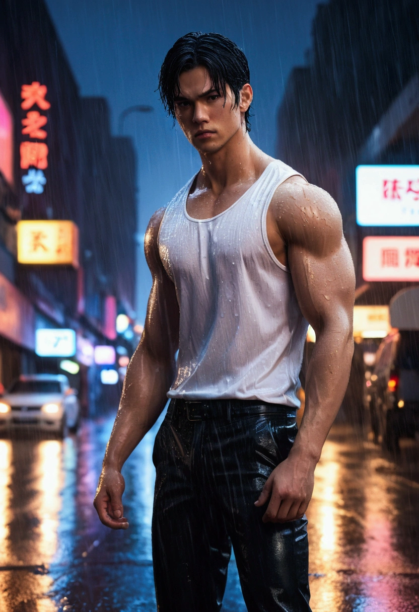 "A highly detailed anime-style image featuring a young, muscular man standing in the rain on a dimly lit urban street. The man has short, dark hair and is wearing a white sleeveless shirt and black pants. His arms are toned, and he has a serious, thoughtful expression on his face as he looks slightly to the side. The background includes blurred neon lights from nearby shops, with reflections on the wet pavement, creating a moody and atmospheric scene. Raindrops are falling, adding to the overall intensity of the image."