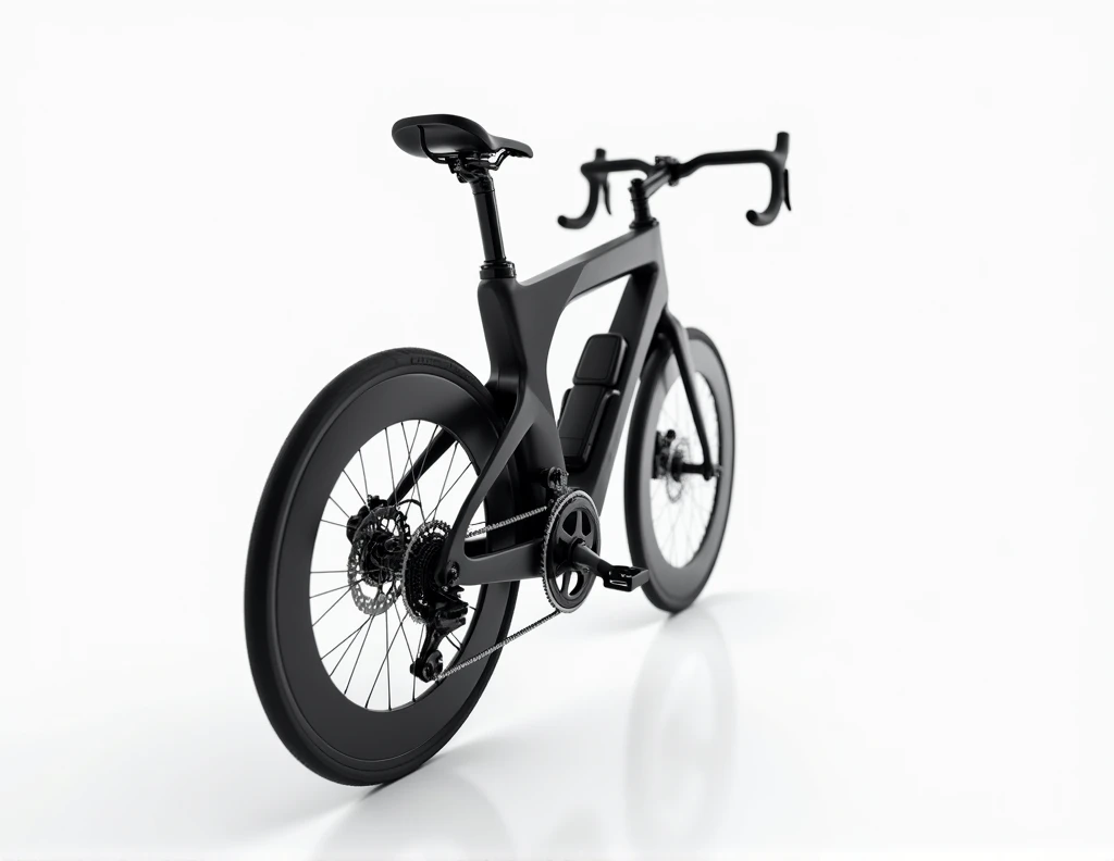 Sports Bicycle: As a sports photographer, create an image of a Bicycle seen from the front, from a low angle view. The artistic style is hyper-realistic, with a close-up composition. Use studio lighting for illumination. The color palette should be monochrome, white background and black bike. The photographic style should be cinematic with everything in focus. Apply high contrast in post-processing. The overall atmosphere should be joyful. Make sure the image is extremely detailed and high quality (equivalent to ultra-detailed), reflecting the experience of a professional sports photographer. Emphasize the following aspects: - Realistic textures and fine details - Accurate lighting and natural shadows - Balanced and appealing composition - Depth and dimensionality in the image - Vivid and accurate colors (unless otherwise specified) - Sharp focus on the main elements according to the selected focus style The image should convey a sense of professionalism and technical mastery, as if it had been captured by an expert photographer and processed by a highly skilled image editor. Ensure that the quality and level of detail are exceptional, taking full advantage of the ability to generate very high-resolution images.