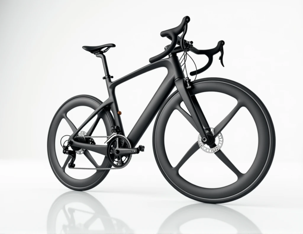 Sports Bicycle: As a sports photographer, create an image of a Bicycle seen from the front, from a low angle view. The artistic style is hyper-realistic, with a close-up composition. Use studio lighting for illumination. The color palette should be monochrome, white background and black bike. The photographic style should be cinematic with everything in focus. Apply high contrast in post-processing. The overall atmosphere should be joyful. Make sure the image is extremely detailed and high quality (equivalent to ultra-detailed), reflecting the experience of a professional sports photographer. Emphasize the following aspects: - Realistic textures and fine details - Accurate lighting and natural shadows - Balanced and appealing composition - Depth and dimensionality in the image - Vivid and accurate colors (unless otherwise specified) - Sharp focus on the main elements according to the selected focus style The image should convey a sense of professionalism and technical mastery, as if it had been captured by an expert photographer and processed by a highly skilled image editor. Ensure that the quality and level of detail are exceptional, taking full advantage of the ability to generate very high-resolution images.