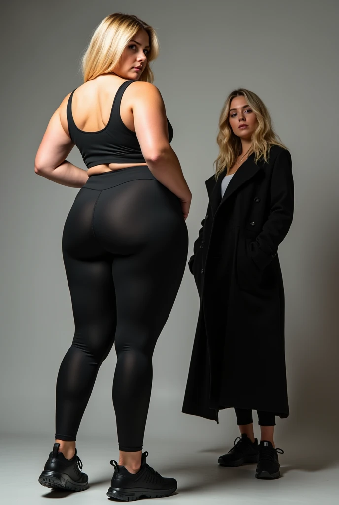 blonde girl , wide hips, legs thick , leggings Nike Pro, from behind, of costs for a camera, the same girl completely in coats for the camera