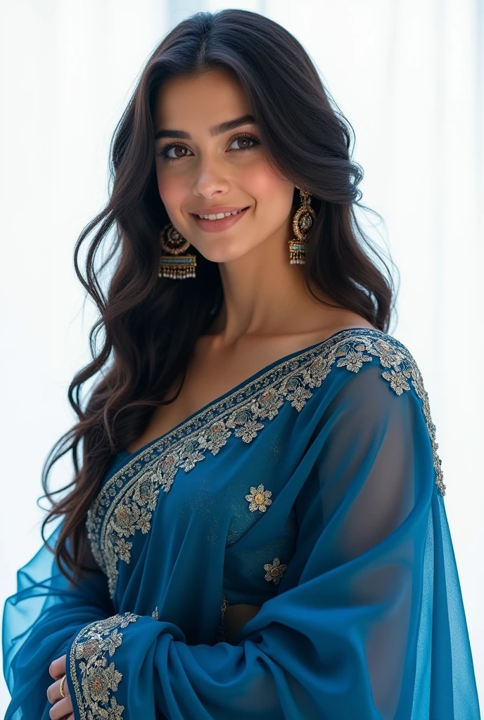 beautiful woman in dark blue saree in white background