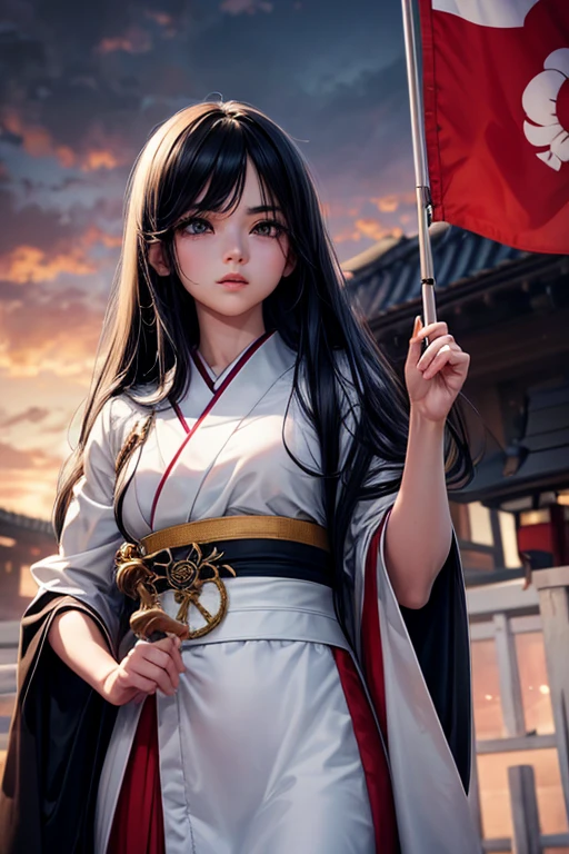 hermosos ojos detaileds, hermosos labios detaileds, ojos y rostro extremadamente detaileds, long eyelashes, Beautiful Japanese girl, long straight black hair, 1.68 meters high, holding two flags, one from Mexico and one from Japan, fotorrealist, 8k, high quality, realist, detailed, vivid colors, dramatic lighting, cinematographic, atmospheric