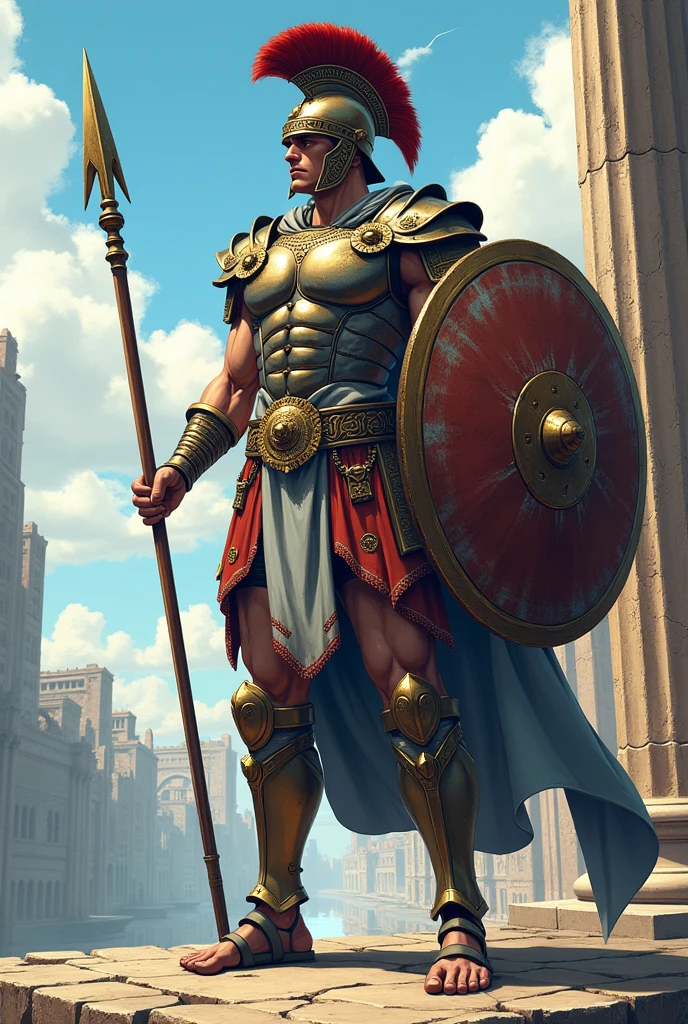 Greek warrior, ((anime styling)) ,with iron armor, elmo grego, gray clothes, holding a spear and a shield, shield with a claw symbol, on guard duty to protect the city. 