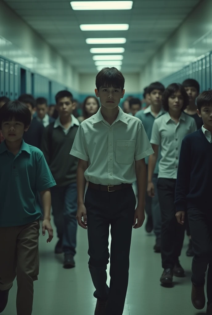 A boy walking down a school hallway, with other students looking at him somewhat scared by his presence 