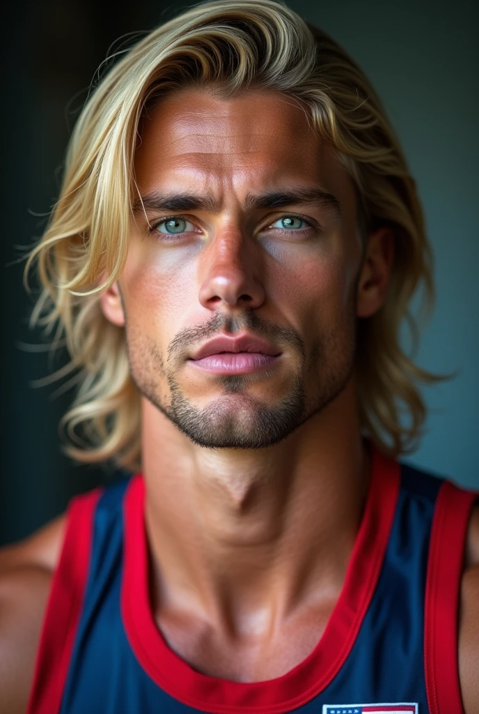 A low angle medium shot of a male AI influencer with features combining Joel Kinnaman and Simone Susinna in a 1:2 ratio, with a muscular physique, beautiful skin, and fully tattooed with black Asian motifs, bright eyes, and blonde hair, in a hyperrealistic style blending the aesthetics of Annie Leibovitz and Peter Lindbergh, against a neutral background, soft diffused lighting, shot with a Nikon Z7 II, 50mm f/1.4 lens, natural color tones