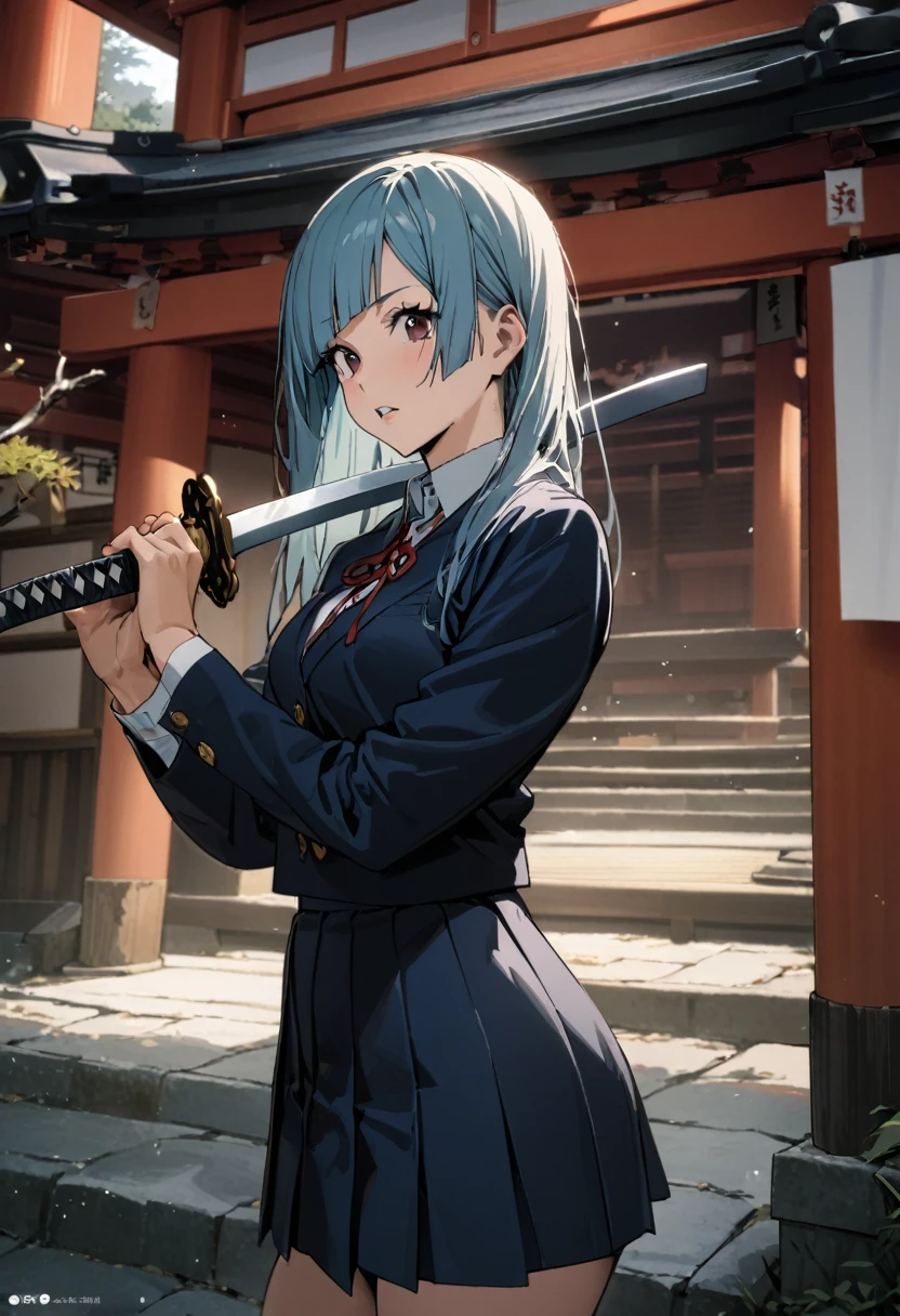 1girl, miwa kasumi, jujutsu kaisen,  school uniform,japanese shrine,holding a katana,masterpiece, best quality, absurdres,
