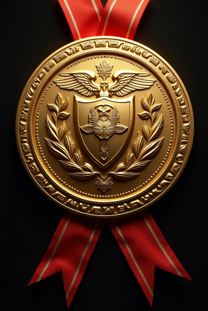 a gold medal like a shield,(((The word Aegis))) ,Shield of Goddess engraving, (Angle from the front), Medal ribbon