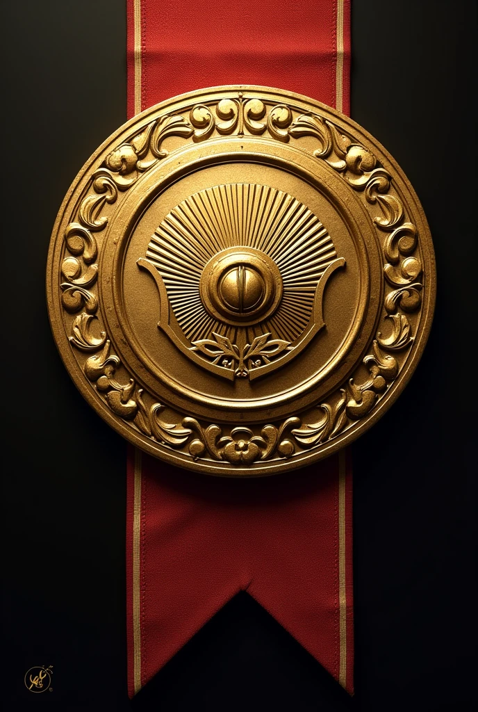 a gold medal like a shield,(((The word Aegis))) ,Shield of Goddess engraving, (Angle from the front), Medal ribbon