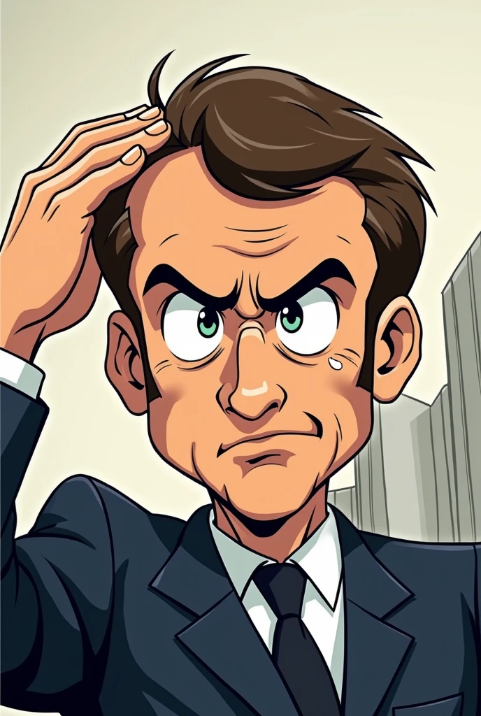 A 90s Japanese anime style caricature of Macron, the president of France, scratching his head while thinking, he is annoyed.