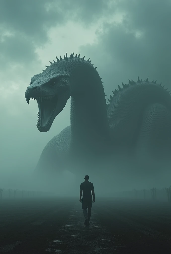 Gigantic anaconda walking across a plain in the distance amid fog, haze, haze, dark clouds, grimdark ,supense, monstr, unearthly, octan render, engine unreal, photorrealistic, hyper realism, highy detailed, high qualiy, intrincately detailed,Volumetric lighting, full character, 4K, ,hard disk ,Full HD, 8k, RTX, high resolution, detailed shadows, incredibily detailed, perfect, Dramatic scale