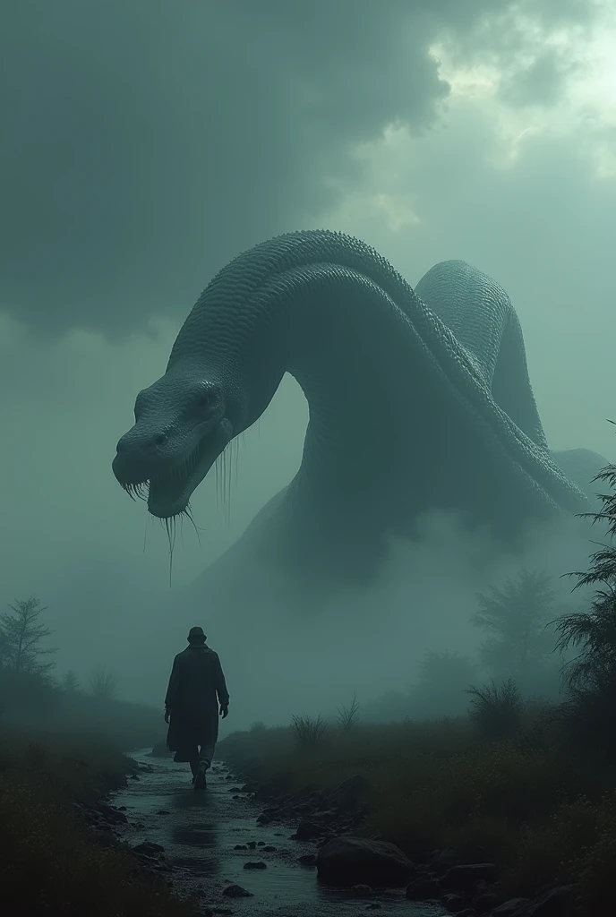 Gigantic anaconda walking across a plain in the distance amid fog, haze, haze, dark clouds, grimdark ,supense, monstr, unearthly, octan render, engine unreal, photorrealistic, hyper realism, highy detailed, high qualiy, intrincately detailed,Volumetric lighting, full character, 4K, ,hard disk ,Full HD, 8k, RTX, high resolution, detailed shadows, incredibily detailed, perfect, Dramatic scale
