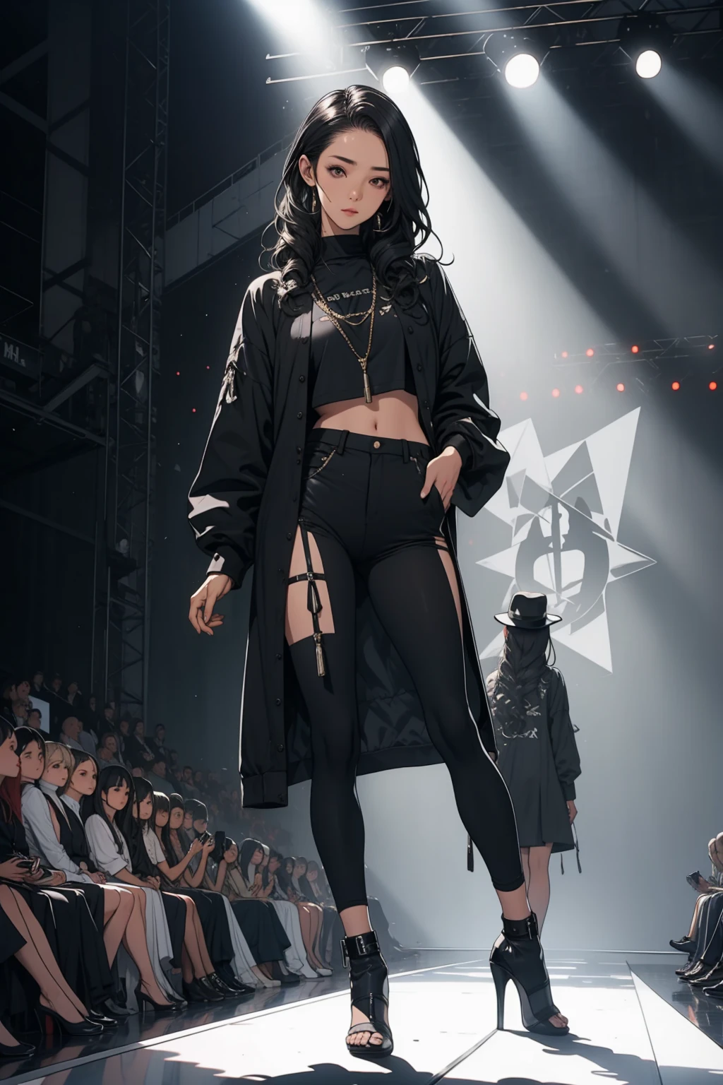 1 girl, black long hair, wearing a triangle white box, catwalking, in a fashion show, fullbody show, perfect body, at the stage,