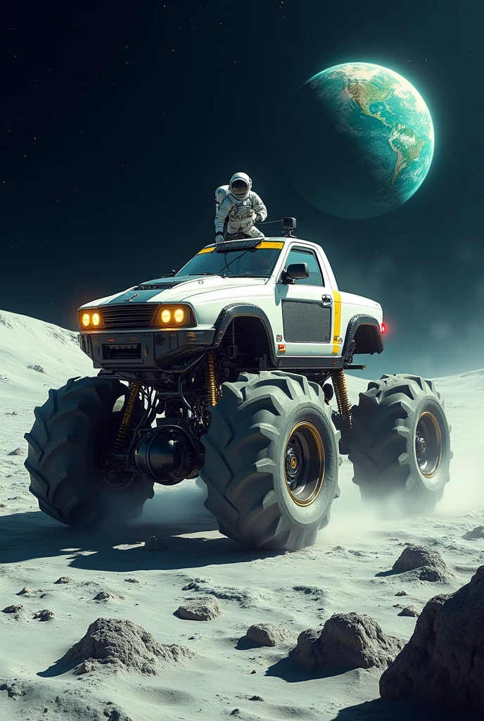 monster truck futurista, piloted by an astronaut, jumping in the craters of the moon, In the background in the distance you can see the planet Earth 8k resolution, clear