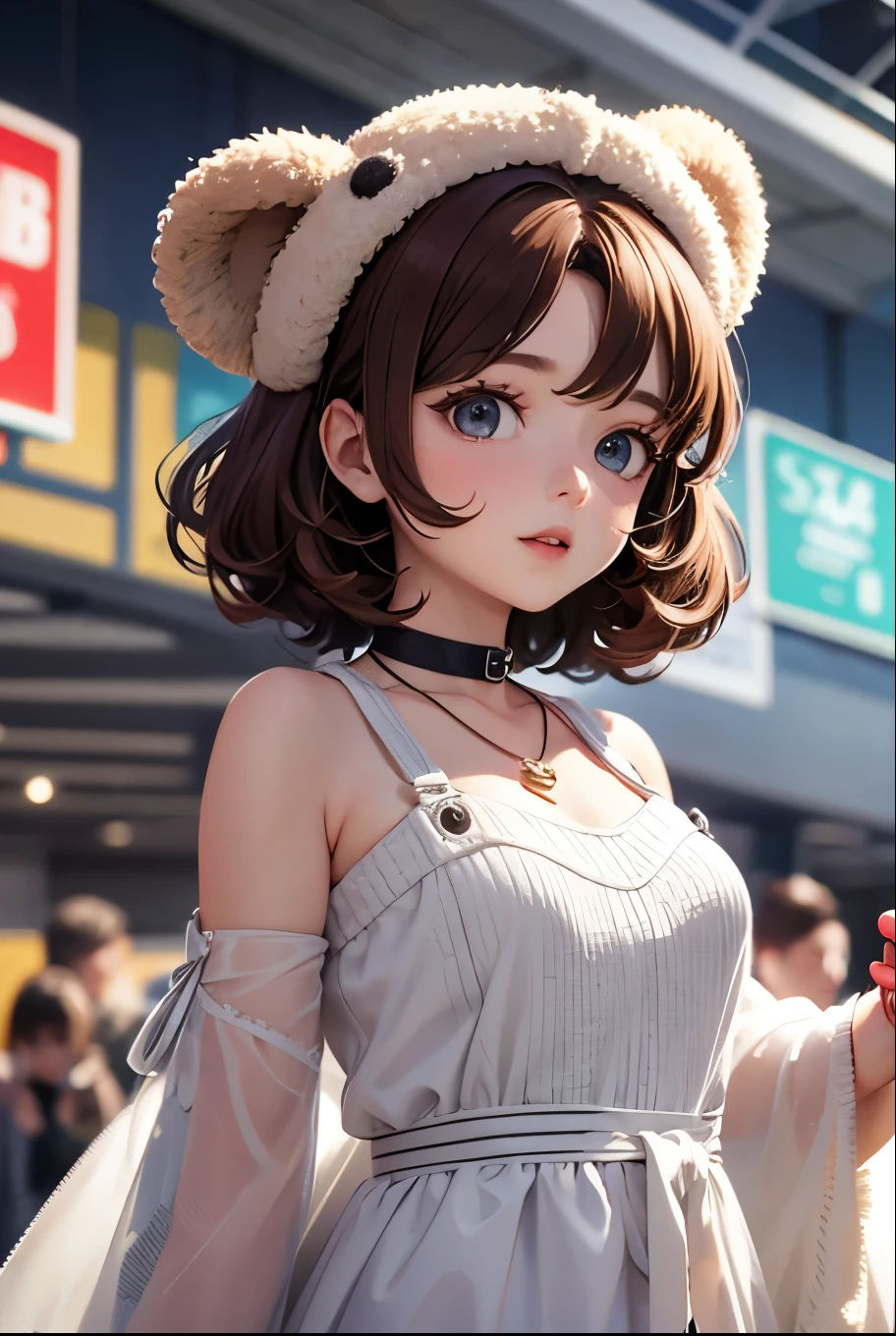 Top quality, highly detailed, UHD, idol, playing at an amusement park, cute and beautiful anthropomorphic koala girl with brown curly bob hair wearing a heart-shaped choker, casual clothes
