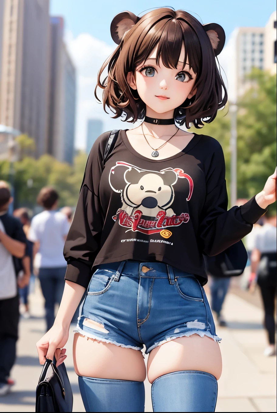 girl around 24 years old(Baby Face、very slim figure、Looks )Short denim skirts like tights(Rubber)、Top Model(Flat Chest)、Strike a pose for a photo、Cool pose、Graffiti art background、A shy smile，Very chibi，Very short，Brown eyes，freckles，Thick eyebrows，Blunt bangs，Brat、Adult、Shorts、 4K 、