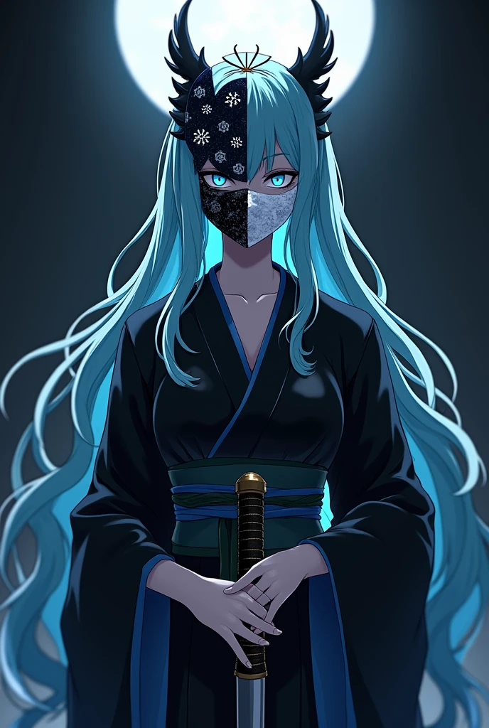 Screenshot from Kimetsu No Yaiba The image shows a mysterious and elegant woman, with long, aqua blue hair cascading down her back, with black locks that intertwine with the blue. His face is completely covered by a mask that is half white and half black with intricate designs that look like snowflakes and ice blocks., The mask covers his entire face . On top of the mask, There is a design that resembles the full moon, with fine and delicate details.

The woman is wearing a black kimono with blue and white details., which resembles the style of the Demon Slayers of Kimetsu No Yaiba. His posture is elegant and confident, with one hand on his waist and the other holding a Japanese sword.

The background of the image is dark and mysterious, with shadows that resemble the night. The lighting is dim, with a soft focus that highlights the figure of the woman.

Her eyes are sky blue and very bright.