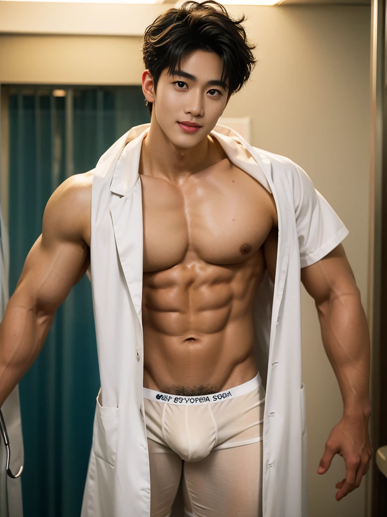 Crowded hospital, hospital display, sexy doctor In the middle of crowded hospital, Sweat dripping all over the body, in the sweat covering all over the body, inside the bussy hospital background, Full body photo, wearing eye glasses, wearing stethoscope in his neck, Very thin thong, Proudly showing off his sweaty very hairy armpits to audience, completely naked just wearing thin white thong, wearing transparent doctor Coat, boy, very young boy, Cinematic soft lighting illuminates a stunningly detailed and ultra-realistic handsome korean male supermodel, ultra messy curly hair, clear honey eyes, captivating perfect smile, sensual, hot man, insanely handsome, showing off his sweaty body, very sixpack muscular body build, slender, toned, full body, 8k, photography, masterpiece, detailed face, detailed eyes, sexy, beautiful abdomen and beautiful legs and a detailed big hard bulge, expression of ecstasy, excited, slim, detailed eyes and lips, sixpack and fit body. Image quality is of the highest standard, with ultra-detailed features and a realistic appearance. The colors are bright and vibrant, enhancing the overall aesthetic. The lighting is soft and natural, casting a soft glow on the boy, don't merge body's