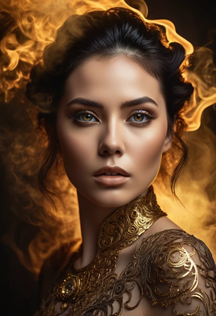 A majestic work of art, a woman, intricately detailed, with an intense, piercing gaze emanating from her singular, striking eye, set against a backdrop of ethereal, swirling golden smoke that appears to shift and undulate as if alive, illuminated by a cinematic lighting scheme that casts dramatic, high-contrast shadows and highlights, evoking a sense of mystery and the otherworldly, with each element expertly rendered in exquisite, high-definition detail, exuding a sense of artistic mastery and visual sophistication.