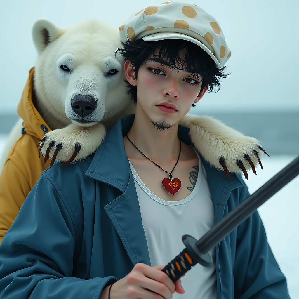 high resolution、8K、Delicate depiction、Realistic、Realistic、Really human、German、Young man、24age、Are thin、Pale complexion、Black Hair、Natural curls、Short beard under the mouth、sideburns、Sharp Eye、Eyeliner、Dark circles under the eyes、bad mood、White newsboy cap with beige spots、White tank top、A blue coat with a feather collar、You can see a little bit of the burning heart tattoo on his chest.、Carrying a Japanese sword on one's shoulder、Palms facing up, next to face、Bust Shot、On the Sea、Polar bear wearing a yellow jacket behind