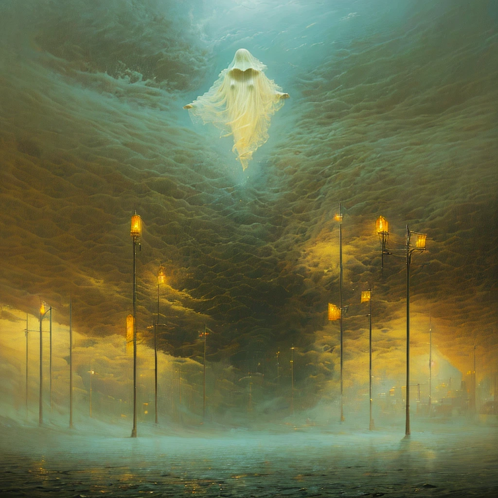 A scene of a coastal town at dawn, where the sea reflects a sky full of intensely colored northern lights. The houses are built in giant trees that reach up into the clouds., and on its branches hang lanterns that float magically in the air. A river of golden light flows through the streets, illuminating the inhabitants who look like crystal figures, glowing softly in the gloom. The atmosphere is calm and surreal, as if time had stopped. Color palette in mixed warm and cool tones, with a digital oil painting style. vertical format, High resolution