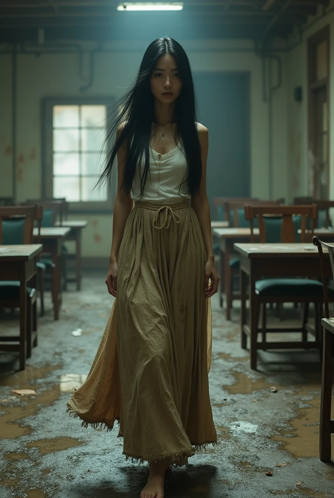 A beautiful lady, asian, Japanese,
Long hair,
Walking in old dirty conference room,
Wearing a dirty white camisole,
Wearing a dirty damaged black suede fabric long full skirt knee length edge burned,
The floor is wet and muddy,
whole body photo, full body image,
High resolution, HD Photo, front camera view,
photographs, photo, real style, 600dpi