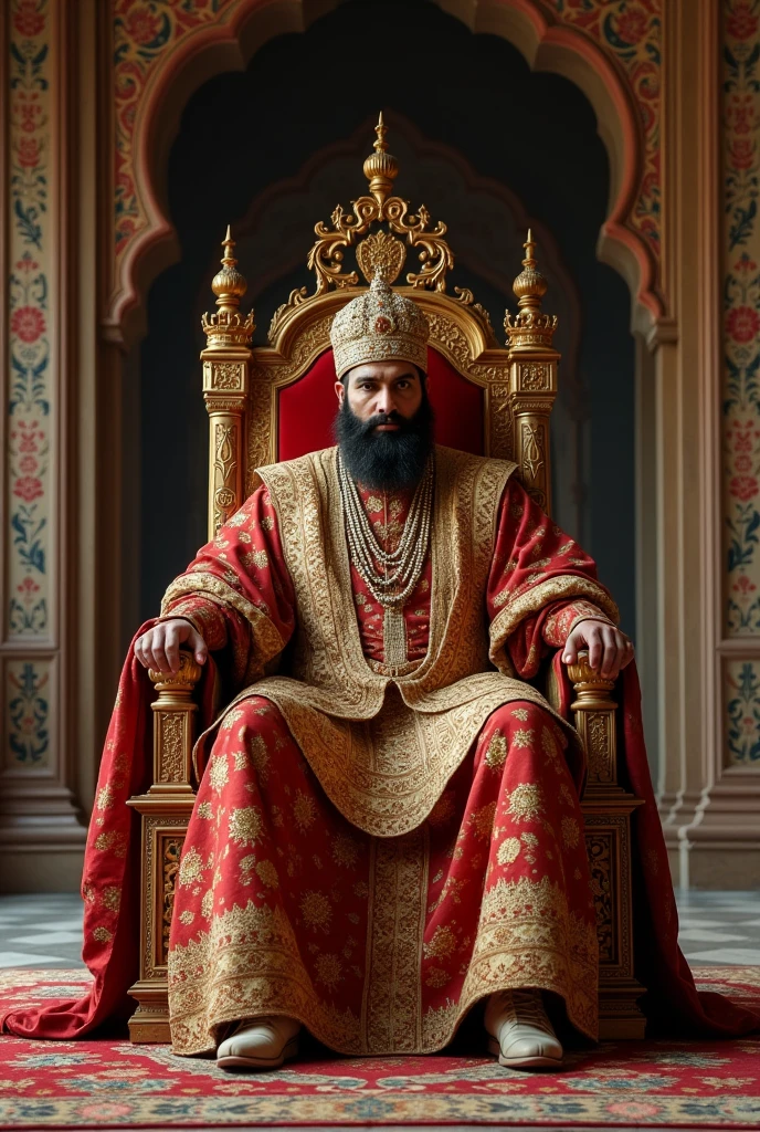Create an image of Muslim King Mughal Emperor Aurangzeb sitting on throne from 15 feet distance. Create horizontal image. He should be at a distance. 12 cm × 6 cm