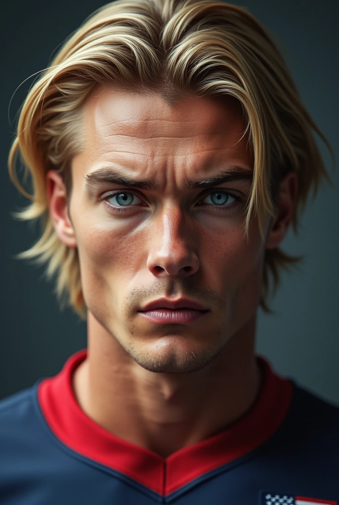 He is a man with straight blond hair and his haircut is very charming for women., piercing gaze and the color of his blue eyes picina, with an athletic body and impeccable posture and wears the same team uniform as the United States. 