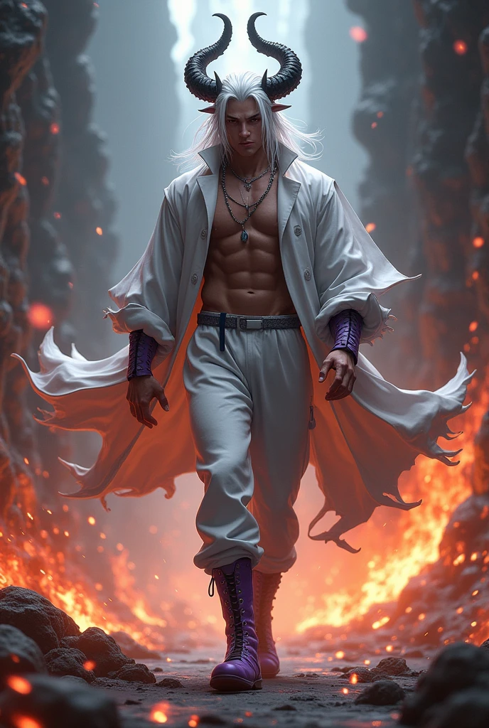 Muscular man, alone, white windbreaker, white long pants, white hair, black locks of hair, Japanese-looking man, dragon horns, violet-colored military boots, evil smile, dark brown eyes, fantasy scenery, walking through the flames of darkness.