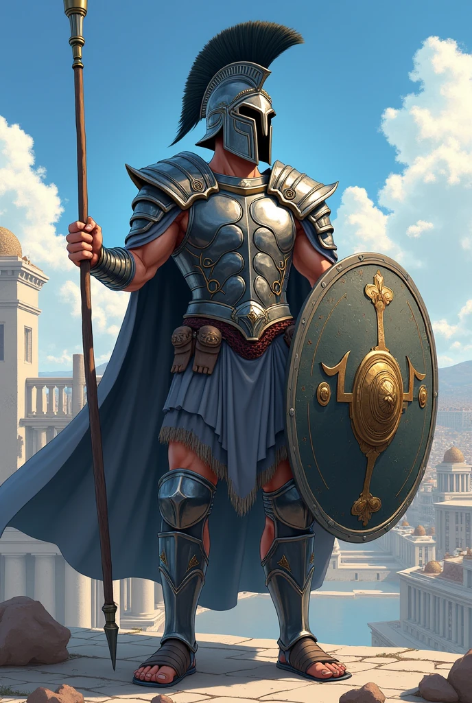 Greek warrior, ((anime styling)) ,with iron armor, elmo grego, gray colored clothing, holding a spear and a shield, shield with a claw symbol, on guard duty to protect the city. 