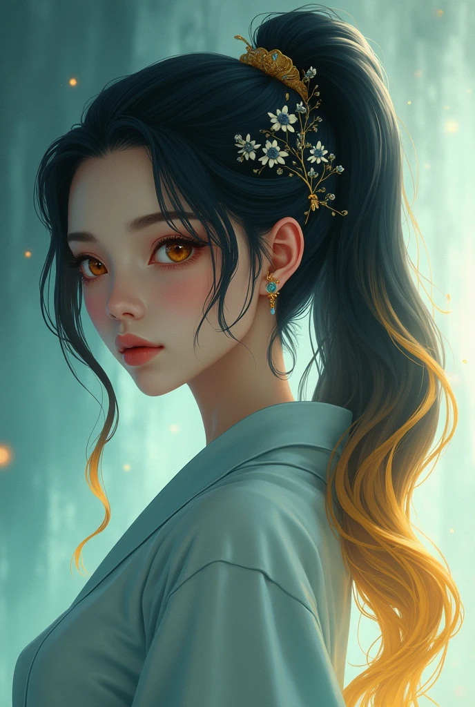 Hair: Black w/ gold fading at the ends of and streaks

Eyes: Amber

- His hair is in a ponytail held up by a hair piece, two parts of his hair in the front droops down. his robes in shades of light blueish green