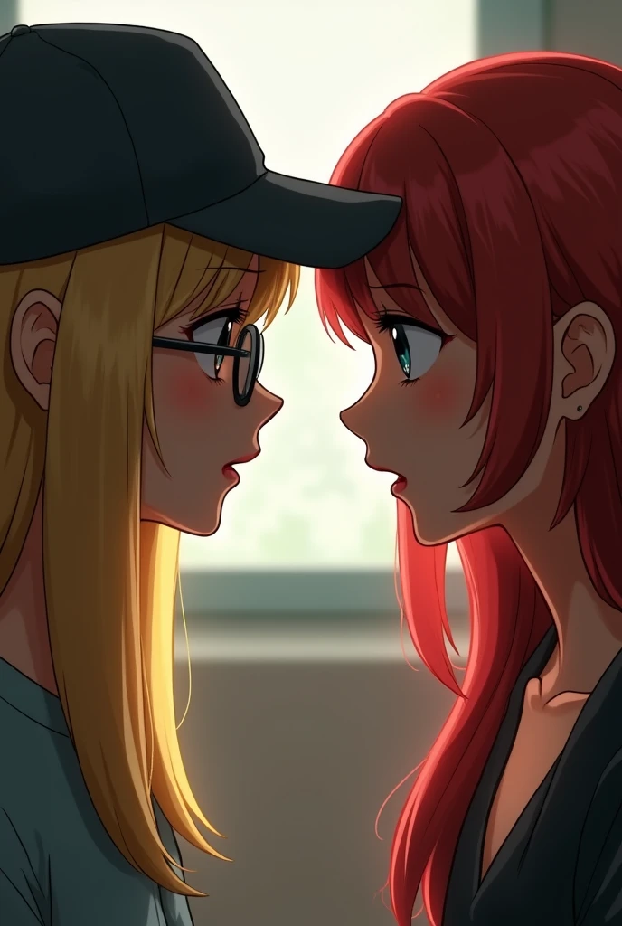 Two girls looking at each other, one with glasses and a cap backwards with straight blonde hair and another girl with red hair, white and thin.