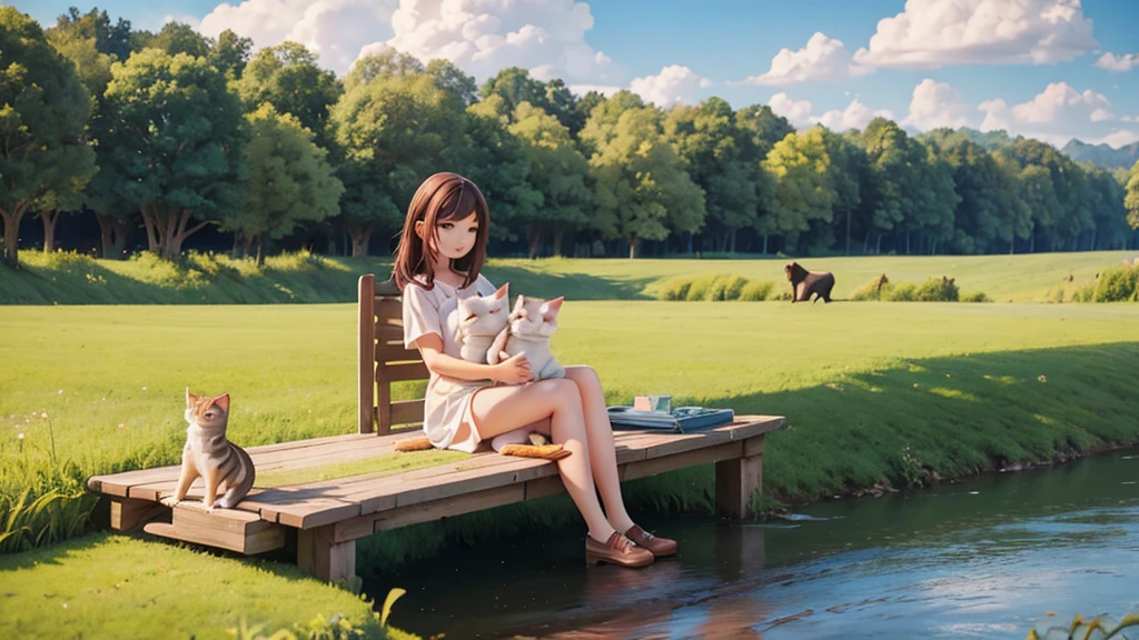 Make a picture of a beautiful girl in her 20s, casual, on the riverbank with her cat in the countryside.