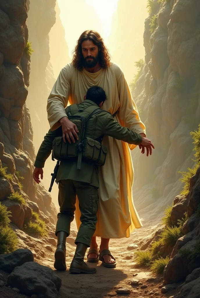You could create Jesus Christ guiding a Colombian soldier along a narrow path with many obstacles and a bright light in the background, The young soldier hugging Jesus around the waist