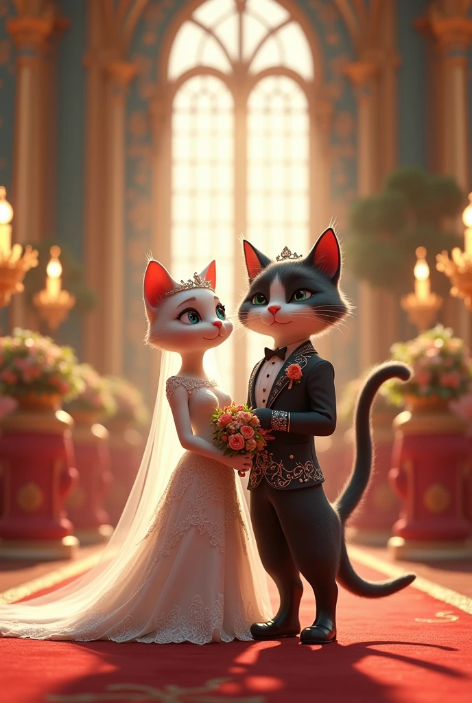 There is a wedding hall which is very beautiful. There is a cat whose eyes are very beautiful and it itself is also very beautiful like an actress. The cat looks like an actress but it is a cat. The cat is getting married and the cat is wearing beautiful wedding dresses and is also wearing expensive jewellery. The cat is very happy in its wedding. Right next to the cat is standing the cat's groom who is a handsome guy like an actor but he is also a cat guy. The cat guy is wearing a very beautiful wedding coat and pants which is looking very beautiful.image in 3d animation